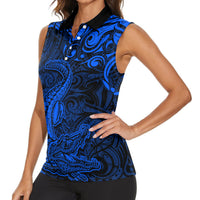 New Zealand Crocodile Tattoo and Fern Women Sleeveless Polo Shirt Maori Pattern Blue Color LT03 - Polynesian Pride