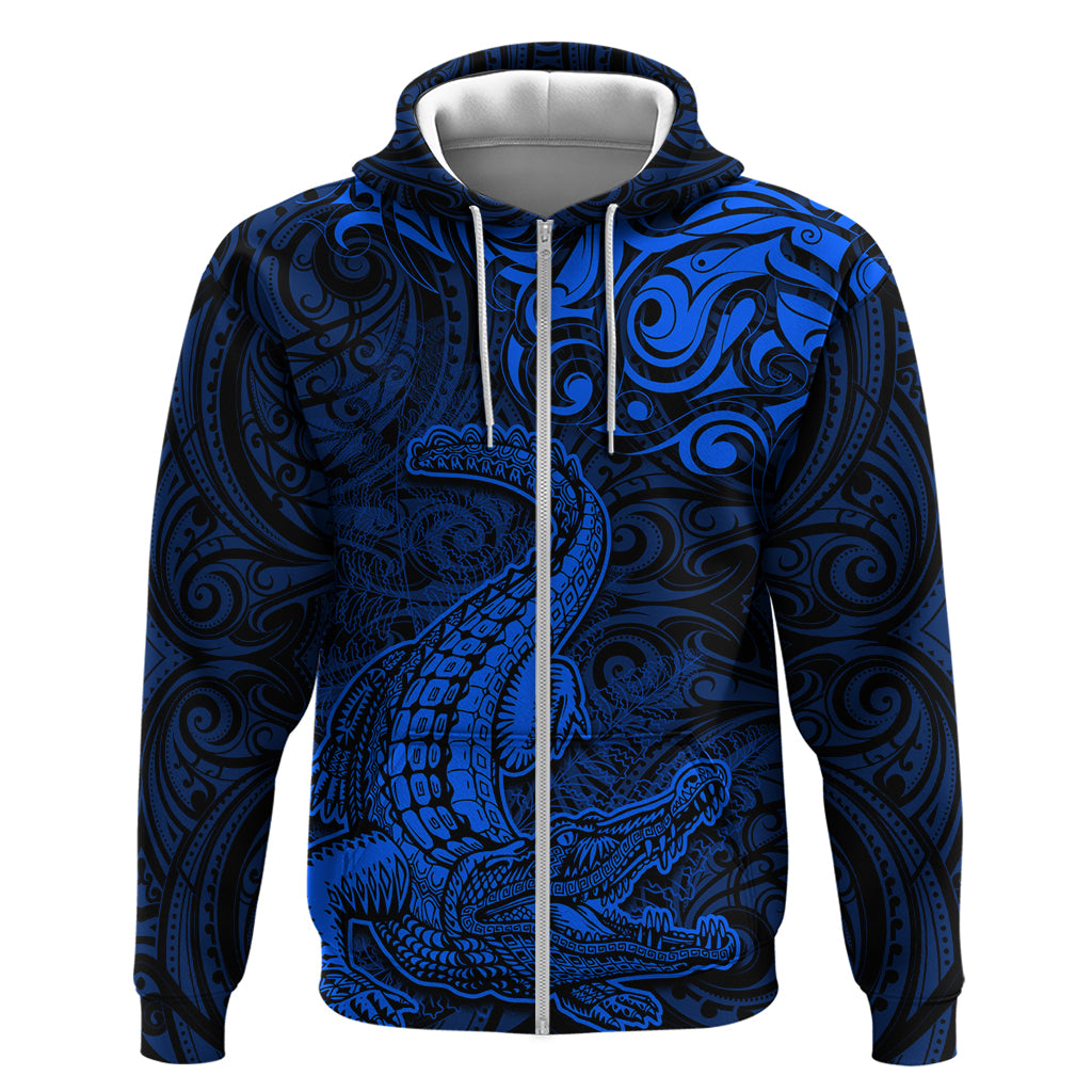 New Zealand Crocodile Tattoo and Fern Zip Hoodie Maori Pattern Blue Color LT03 Zip Hoodie Blue - Polynesian Pride