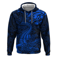 New Zealand Crocodile Tattoo and Fern Zip Hoodie Maori Pattern Blue Color LT03 Pullover Hoodie Blue - Polynesian Pride