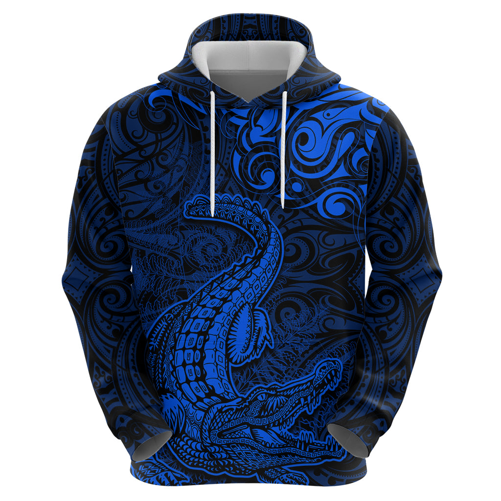 New Zealand Crocodile Tattoo and Fern Zip Hoodie Maori Pattern Blue Color LT03 - Polynesian Pride