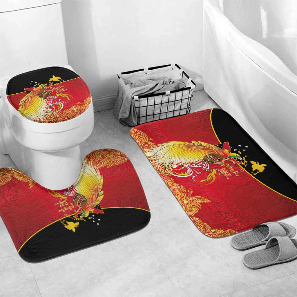 Papua New Guinea Independence Day Bathroom Set Happy Anniversary 50th Bird-of-paradise Melanesian Tattoos LT03 Mat Set Only (3 pcs) One Size Black - Polynesian Pride