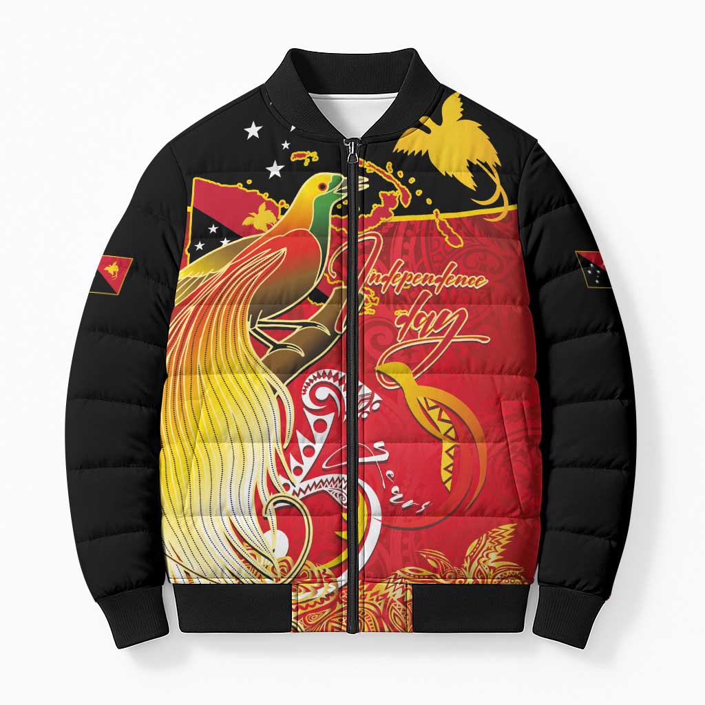 Papua New Guinea Independence Day Bomber Puffer Jacket Happy Anniversary 50th Bird-of-paradise Melanesian Tattoos LT03 Unisex Black - Polynesian Pride