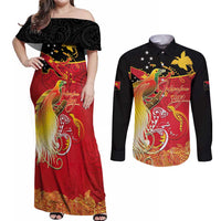 Papua New Guinea Independence Day Couples Matching Off Shoulder Maxi Dress and Long Sleeve Button Shirt Happy Anniversary 50th Bird-of-paradise Melanesian Tattoos LT03 Black - Polynesian Pride
