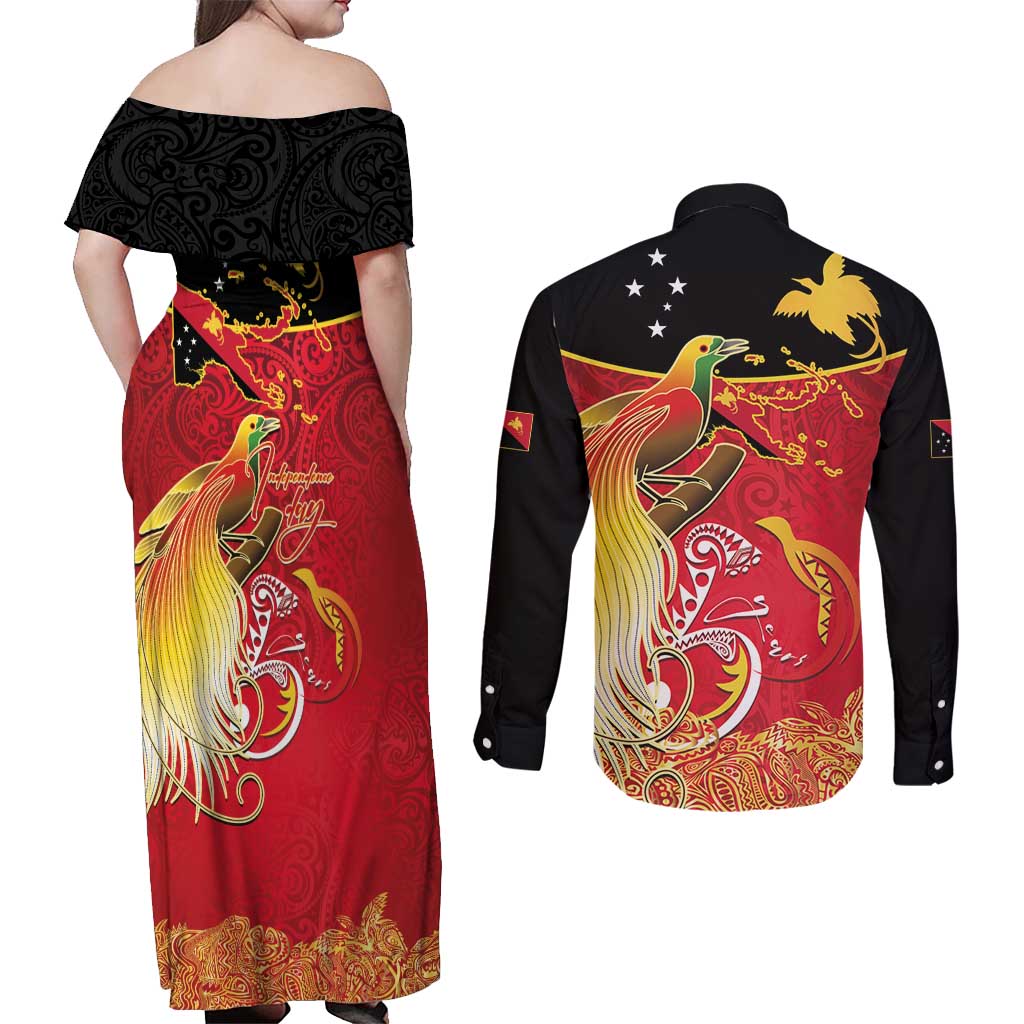 Papua New Guinea Independence Day Couples Matching Off Shoulder Maxi Dress and Long Sleeve Button Shirt Happy Anniversary 50th Bird-of-paradise Melanesian Tattoos LT03 - Polynesian Pride