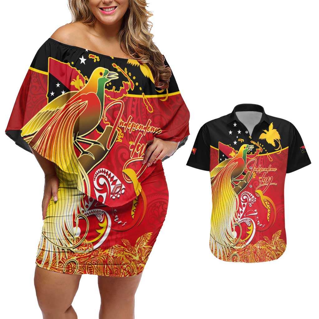 Papua New Guinea Independence Day Couples Matching Off Shoulder Short Dress and Hawaiian Shirt Happy Anniversary 50th Bird-of-paradise Melanesian Tattoos LT03 Black - Polynesian Pride