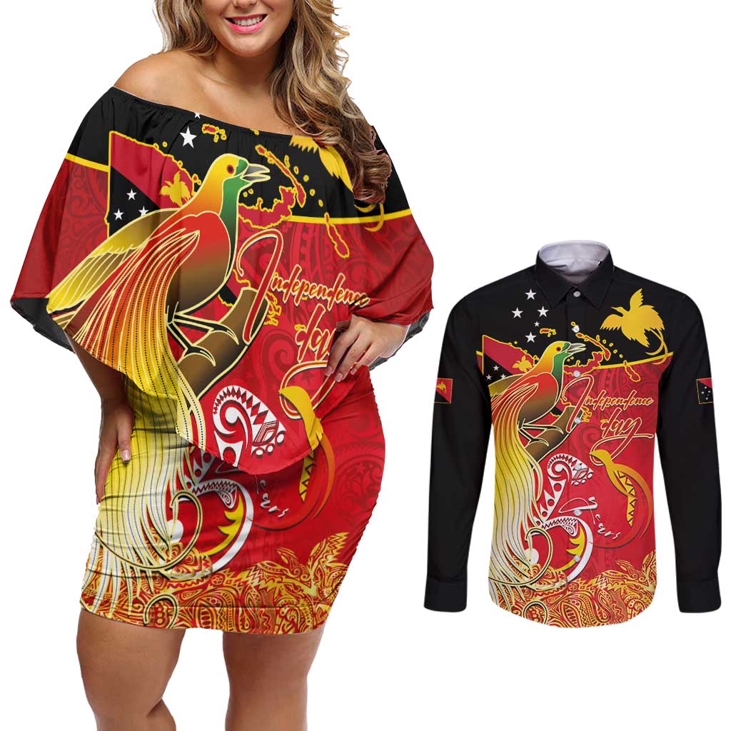 Papua New Guinea Independence Day Couples Matching Off Shoulder Short Dress and Long Sleeve Button Shirt Happy Anniversary 50th Bird-of-paradise Melanesian Tattoos LT03 Black - Polynesian Pride
