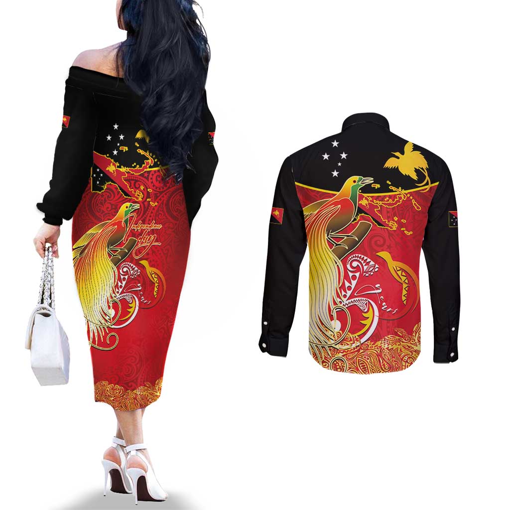 Papua New Guinea Independence Day Couples Matching Off The Shoulder Long Sleeve Dress and Long Sleeve Button Shirt Happy Anniversary 50th Bird-of-paradise Melanesian Tattoos LT03 - Polynesian Pride