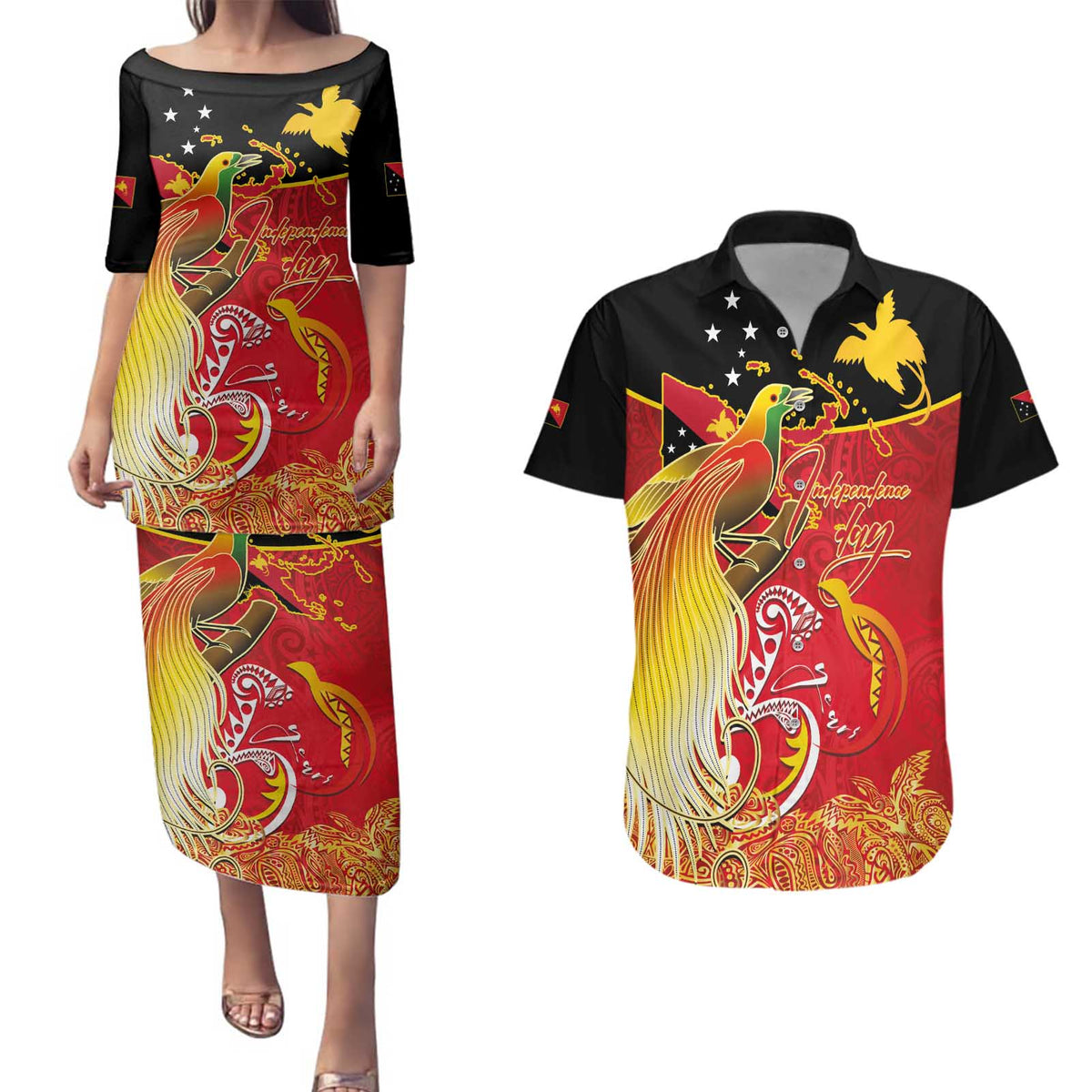 Papua New Guinea Independence Day Couples Matching Puletasi and Hawaiian Shirt Happy Anniversary 50th Bird-of-paradise Melanesian Tattoos LT03 Black - Polynesian Pride