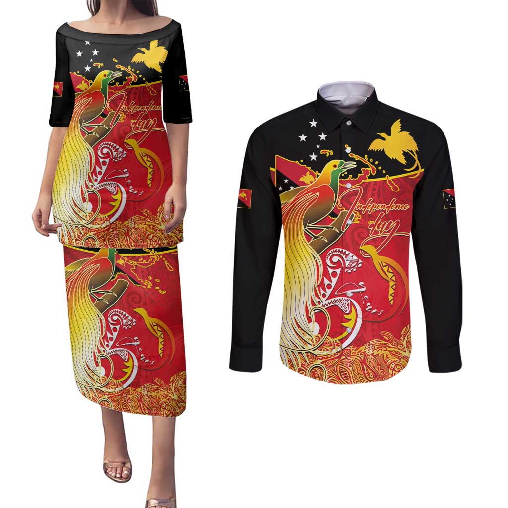 Papua New Guinea Independence Day Couples Matching Puletasi and Long Sleeve Button Shirt Happy Anniversary 50th Bird-of-paradise Melanesian Tattoos LT03 Black - Polynesian Pride