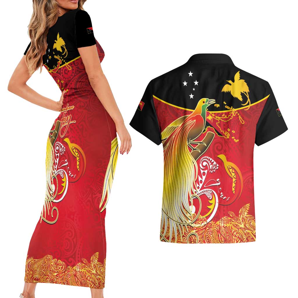 Papua New Guinea Independence Day Couples Matching Short Sleeve Bodycon Dress and Hawaiian Shirt Happy Anniversary 50th Bird-of-paradise Melanesian Tattoos LT03 - Polynesian Pride