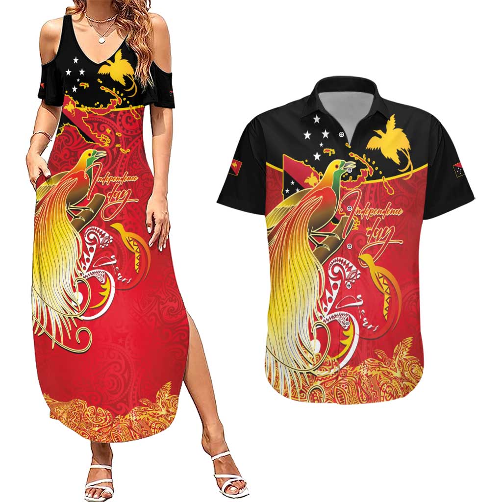 Papua New Guinea Independence Day Couples Matching Summer Maxi Dress and Hawaiian Shirt Happy Anniversary 50th Bird-of-paradise Melanesian Tattoos LT03 Black - Polynesian Pride