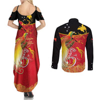 Papua New Guinea Independence Day Couples Matching Summer Maxi Dress and Long Sleeve Button Shirt Happy Anniversary 50th Bird-of-paradise Melanesian Tattoos LT03 - Polynesian Pride