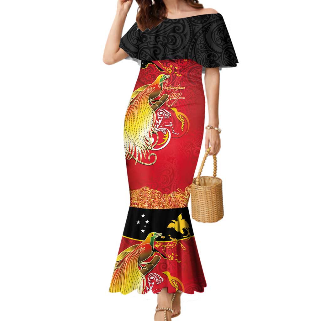 Papua New Guinea Independence Day Family Matching Mermaid Dress and Hawaiian Shirt Happy Anniversary 50th Bird-of-paradise Melanesian Tattoos LT03 Mom's Dress Black - Polynesian Pride