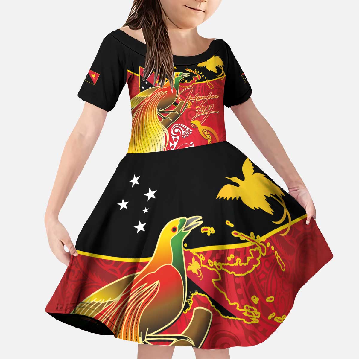 Papua New Guinea Independence Day Family Matching Off The Shoulder Long Sleeve Dress and Hawaiian Shirt Happy Anniversary 50th Bird-of-paradise Melanesian Tattoos LT03 Daughter's Dress Black - Polynesian Pride