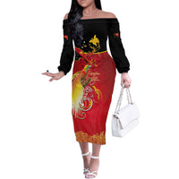Papua New Guinea Independence Day Family Matching Off The Shoulder Long Sleeve Dress and Hawaiian Shirt Happy Anniversary 50th Bird-of-paradise Melanesian Tattoos LT03 Mom's Dress Black - Polynesian Pride