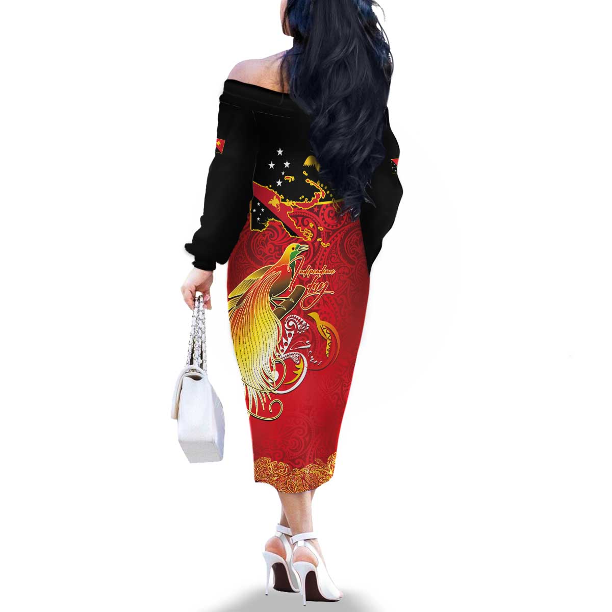 Papua New Guinea Independence Day Family Matching Off The Shoulder Long Sleeve Dress and Hawaiian Shirt Happy Anniversary 50th Bird-of-paradise Melanesian Tattoos LT03 - Polynesian Pride