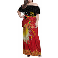 Papua New Guinea Independence Day Family Matching Off Shoulder Maxi Dress and Hawaiian Shirt Happy Anniversary 50th Bird-of-paradise Melanesian Tattoos LT03 Mom's Dress Black - Polynesian Pride