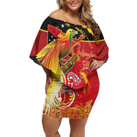 Papua New Guinea Independence Day Family Matching Off Shoulder Short Dress and Hawaiian Shirt Happy Anniversary 50th Bird-of-paradise Melanesian Tattoos LT03 Mom's Dress Black - Polynesian Pride