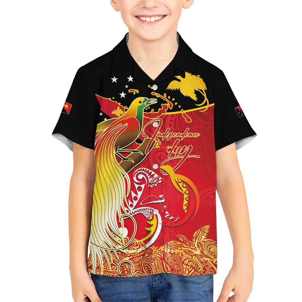 Papua New Guinea Independence Day Kid Hawaiian Shirt Happy Anniversary 50th Bird-of-paradise Melanesian Tattoos LT03 Kid Black - Polynesian Pride