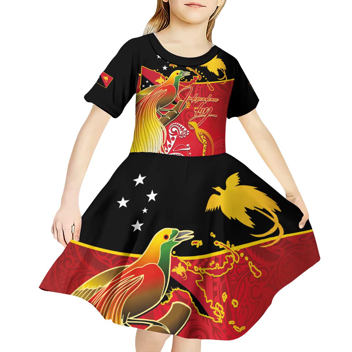 Papua New Guinea Independence Day Kid Short Sleeve Dress Happy Anniversary 50th Bird-of-paradise Melanesian Tattoos LT03 - Polynesian Pride