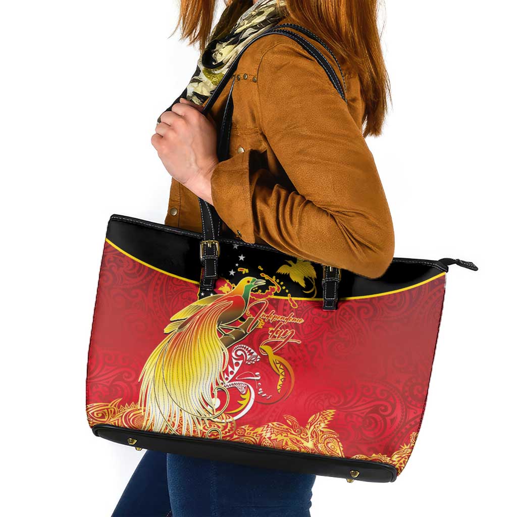 Papua New Guinea Independence Day Leather Tote Bag Happy Anniversary 50th Bird-of-paradise Melanesian Tattoos LT03 Black - Polynesian Pride