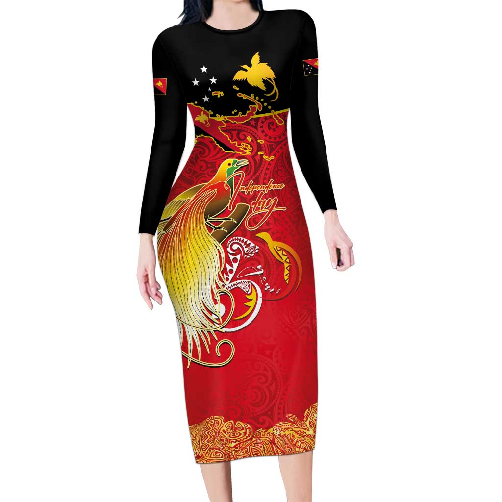 Papua New Guinea Independence Day Long Sleeve Bodycon Dress Happy Anniversary 50th Bird-of-paradise Melanesian Tattoos LT03 Long Dress Black - Polynesian Pride