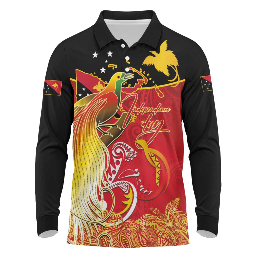 Papua New Guinea Independence Day Long Sleeve Polo Shirt Happy Anniversary 50th Bird-of-paradise Melanesian Tattoos LT03 Black - Polynesian Pride
