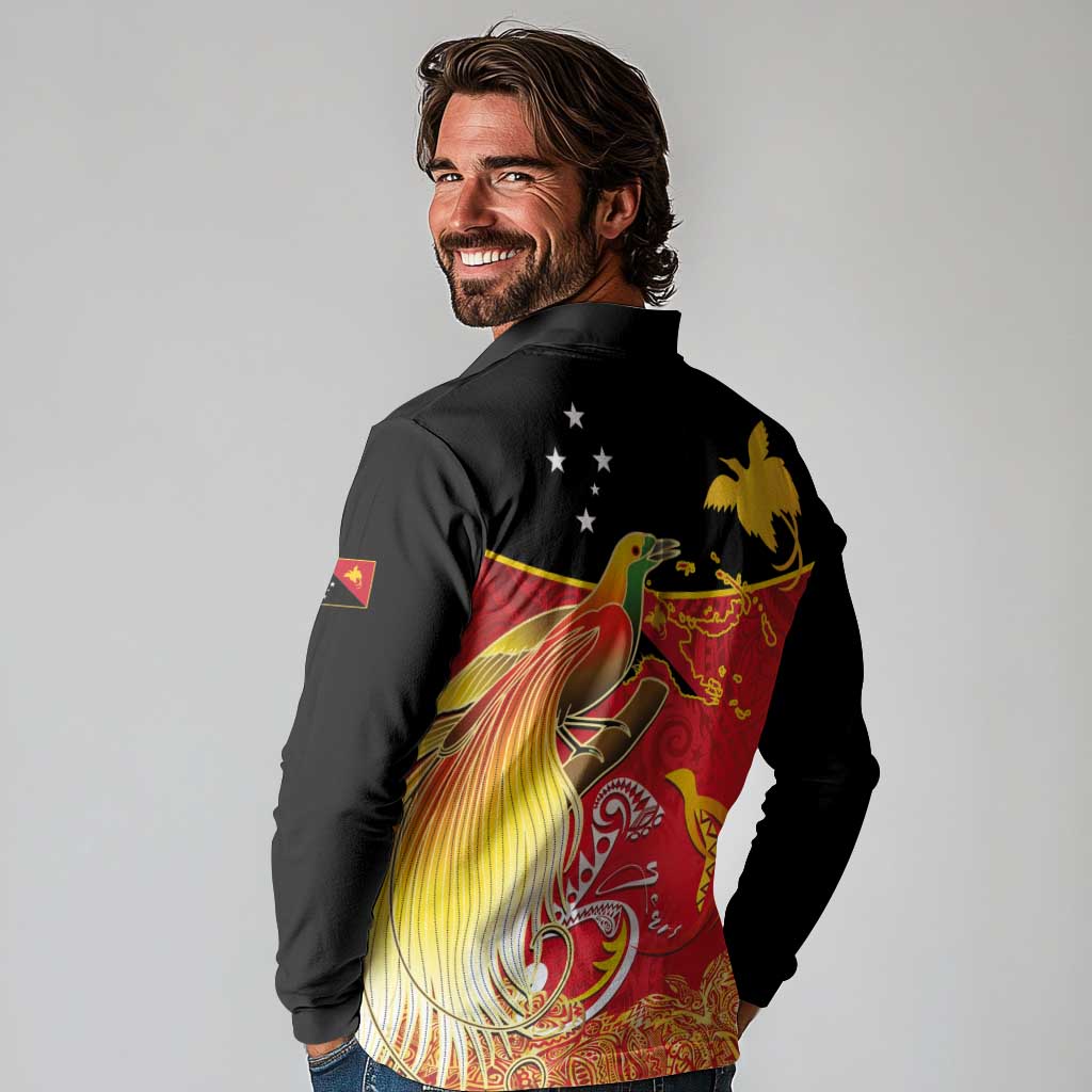 Papua New Guinea Independence Day Long Sleeve Polo Shirt Happy Anniversary 50th Bird-of-paradise Melanesian Tattoos LT03 - Polynesian Pride