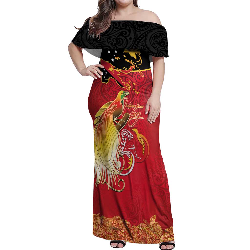 Papua New Guinea Independence Day Off Shoulder Maxi Dress Happy Anniversary 50th Bird-of-paradise Melanesian Tattoos - Polynesian Pride