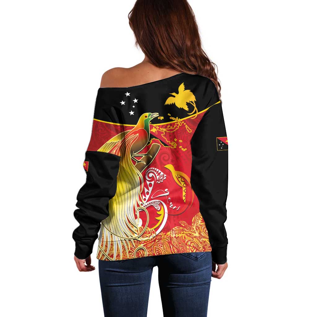 Papua New Guinea Independence Day Off Shoulder Sweater Happy Anniversary 50th Bird-of-paradise Melanesian Tattoos LT03 - Polynesian Pride