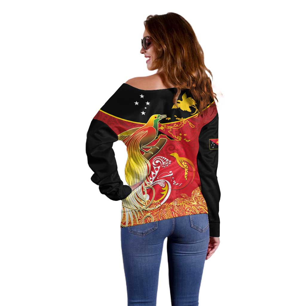 Papua New Guinea Independence Day Off Shoulder Sweater Happy Anniversary 50th Bird-of-paradise Melanesian Tattoos LT03 - Polynesian Pride