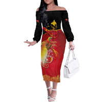 Papua New Guinea Independence Day Off The Shoulder Long Sleeve Dress Happy Anniversary 50th Bird-of-paradise Melanesian Tattoos LT03 Women Black - Polynesian Pride