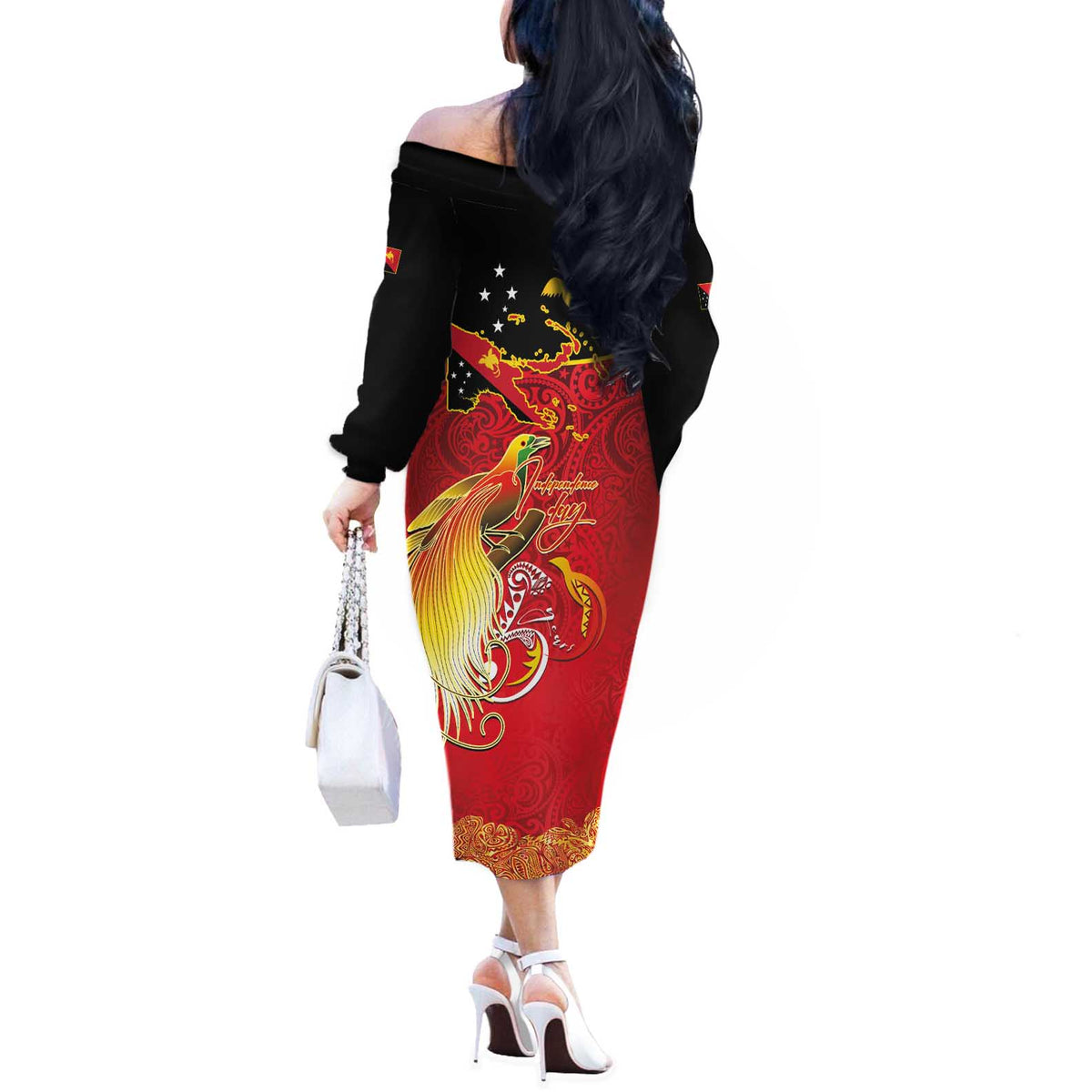 Papua New Guinea Independence Day Off The Shoulder Long Sleeve Dress Happy Anniversary 50th Bird-of-paradise Melanesian Tattoos LT03 - Polynesian Pride