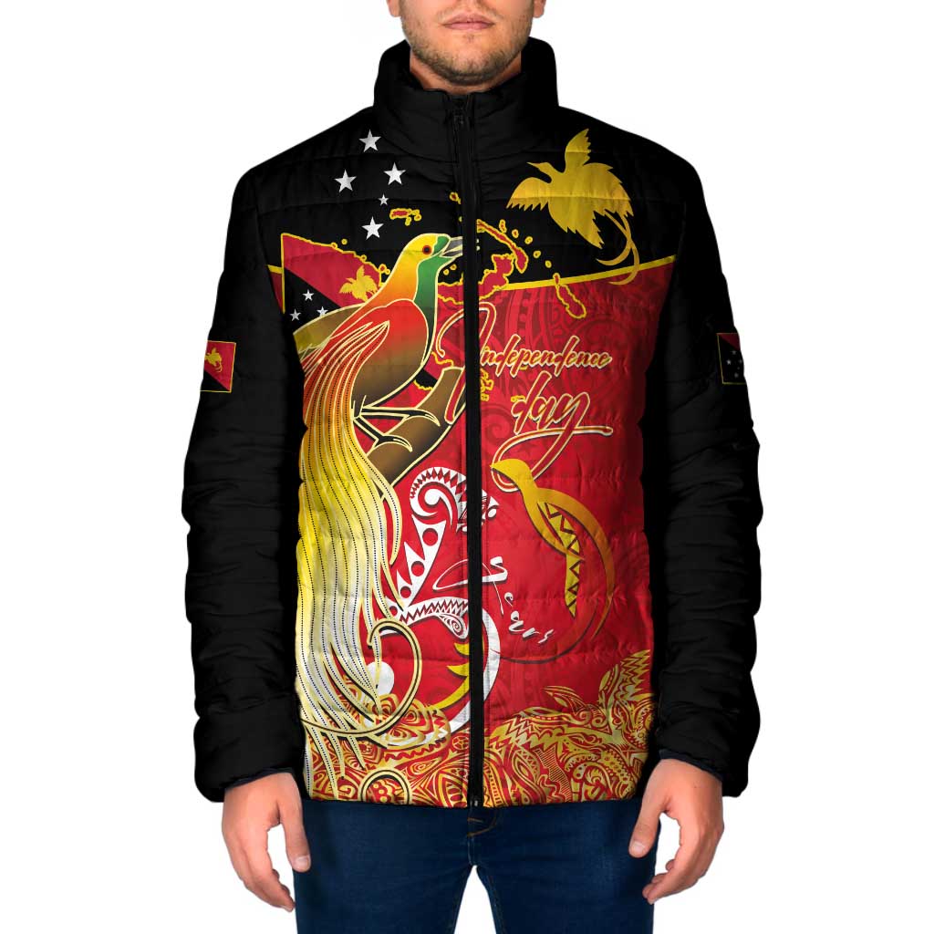 Papua New Guinea Independence Day Padded Jacket Happy Anniversary 50th Bird-of-paradise Melanesian Tattoos LT03 Men Black - Polynesian Pride
