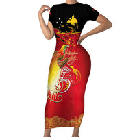 Papua New Guinea Independence Day Short Sleeve Bodycon Dress Happy Anniversary 50th Bird-of-paradise Melanesian Tattoos LT03 Long Dress Black - Polynesian Pride