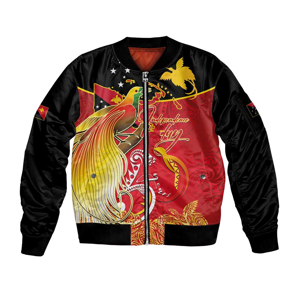 Papua New Guinea Independence Day Sleeve Zip Bomber Jacket Happy Anniversary 50th Bird-of-paradise Melanesian Tattoos LT03 Unisex Black - Polynesian Pride