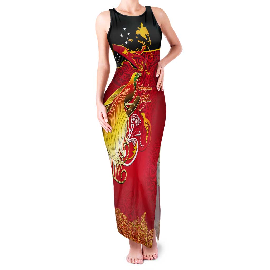 Papua New Guinea Independence Day Tank Maxi Dress Happy Anniversary 50th Bird-of-paradise Melanesian Tattoos LT03 Women Black - Polynesian Pride