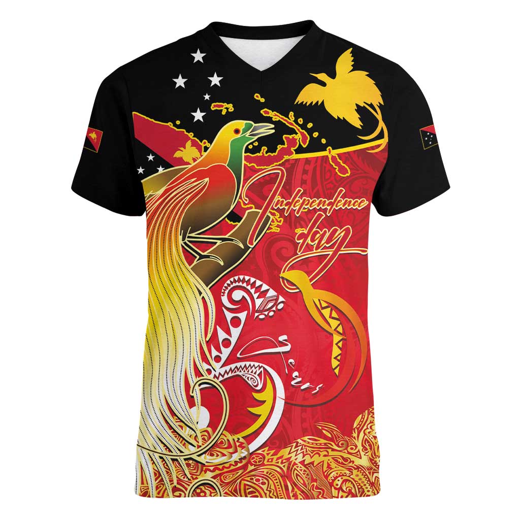 Papua New Guinea Independence Day Women V-Neck T-Shirt Happy Anniversary 50th Bird-of-paradise Melanesian Tattoos LT03 Female Black - Polynesian Pride