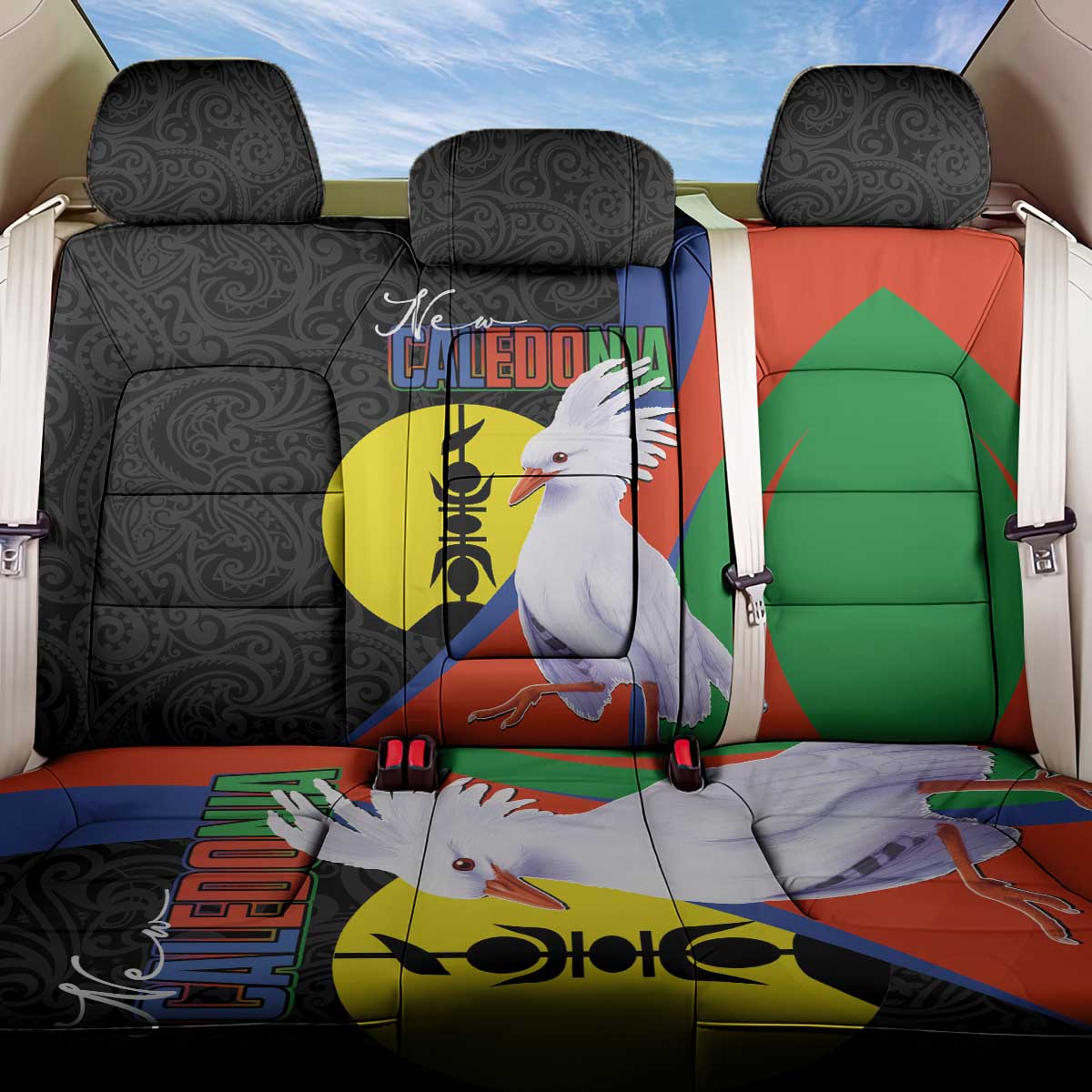 New Caledonia Back Car Seat Cover Kagu Bird and The Seal with Melanesian Culture LT03 One Size Black - Polynesian Pride