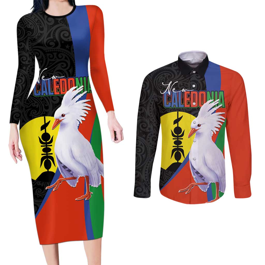 New Caledonia Couples Matching Long Sleeve Bodycon Dress and Long Sleeve Button Shirt Kagu Bird and The Seal with Melanesian Culture LT03 Black - Polynesian Pride