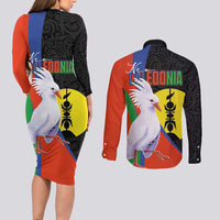 New Caledonia Couples Matching Long Sleeve Bodycon Dress and Long Sleeve Button Shirt Kagu Bird and The Seal with Melanesian Culture LT03 - Polynesian Pride