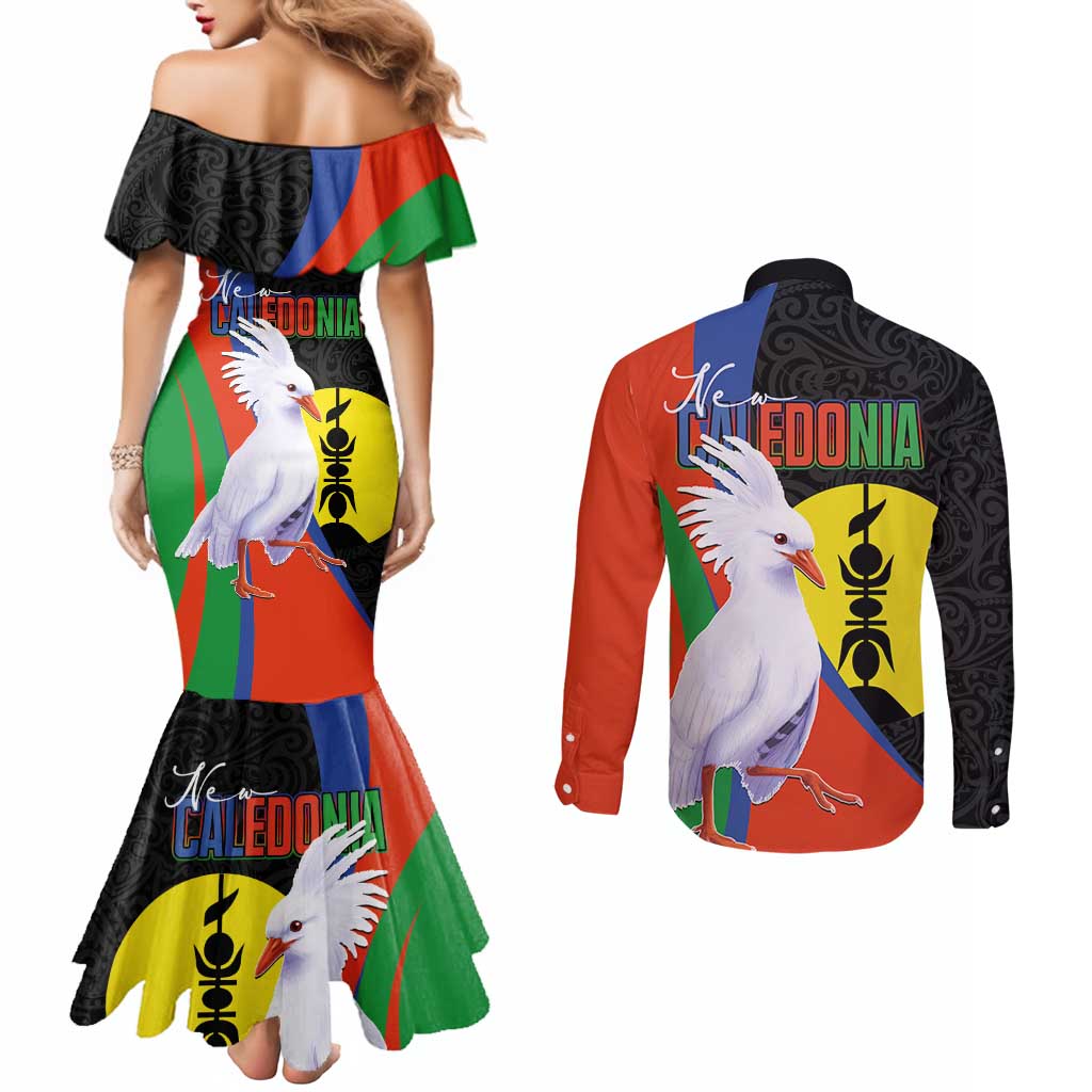 New Caledonia Couples Matching Mermaid Dress and Long Sleeve Button Shirt Kagu Bird and The Seal with Melanesian Culture LT03 - Polynesian Pride