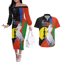 New Caledonia Couples Matching Off The Shoulder Long Sleeve Dress and Hawaiian Shirt Kagu Bird and The Seal with Melanesian Culture LT03 Black - Polynesian Pride