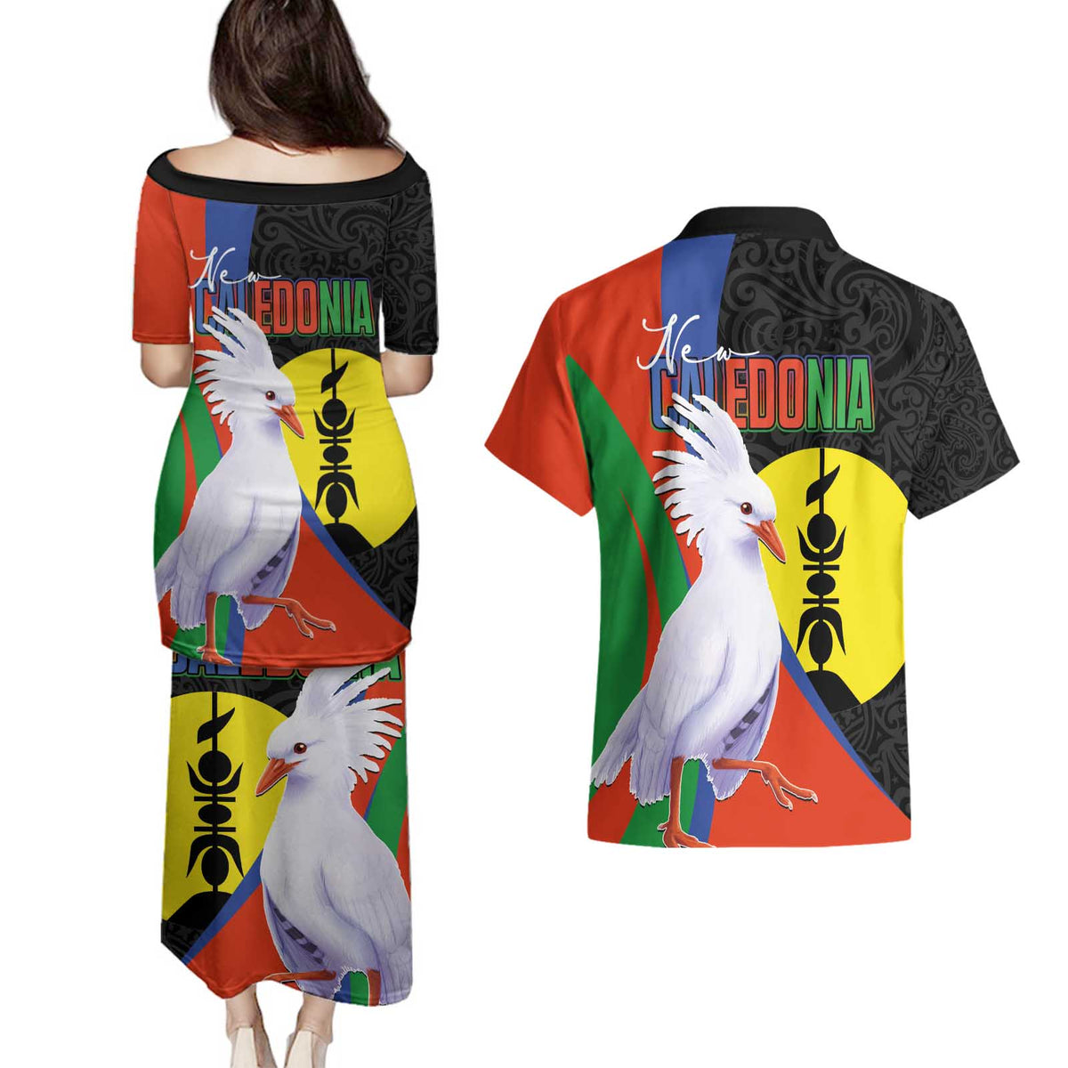 New Caledonia Couples Matching Puletasi and Hawaiian Shirt Kagu Bird and The Seal with Melanesian Culture LT03 - Polynesian Pride