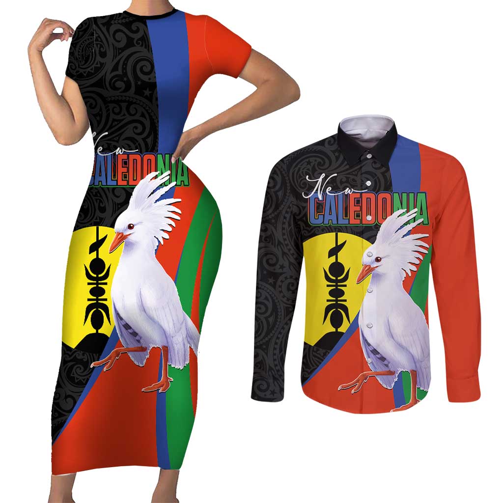 New Caledonia Couples Matching Short Sleeve Bodycon Dress and Long Sleeve Button Shirt Kagu Bird and The Seal with Melanesian Culture LT03 Black - Polynesian Pride