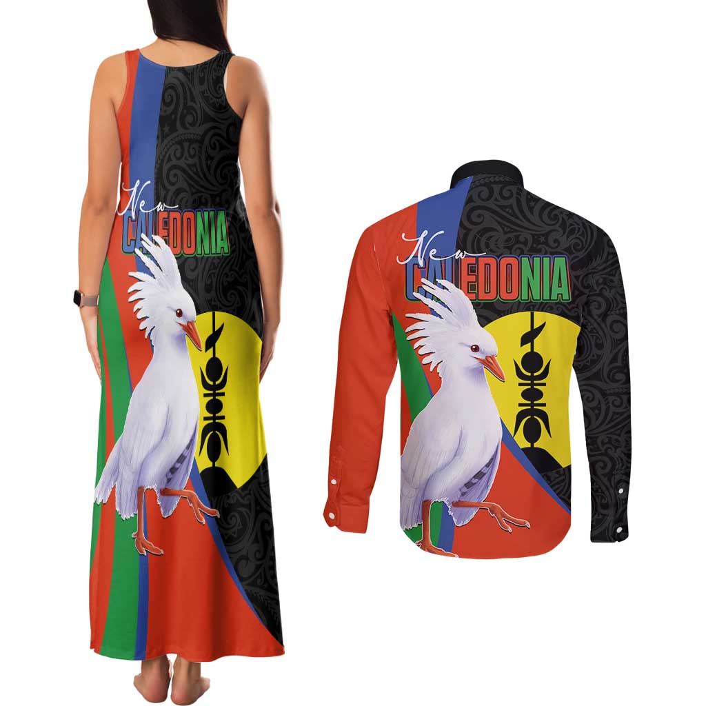 New Caledonia Couples Matching Tank Maxi Dress and Long Sleeve Button Shirt Kagu Bird and The Seal with Melanesian Culture LT03 - Polynesian Pride