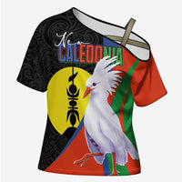 New Caledonia Cross Shoulder Shirt Kagu Bird and The Seal with Melanesian Culture LT03 Female Black - Polynesian Pride