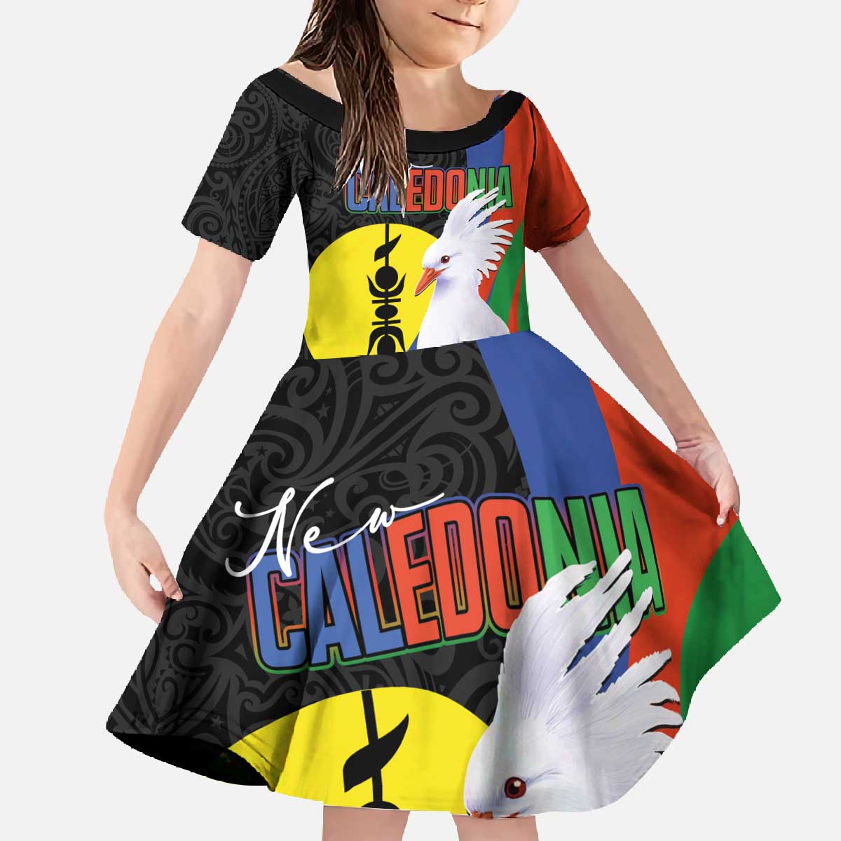 New Caledonia Family Matching Off The Shoulder Long Sleeve Dress and Hawaiian Shirt Kagu Bird and The Seal with Melanesian Culture LT03 Daughter's Dress Black - Polynesian Pride