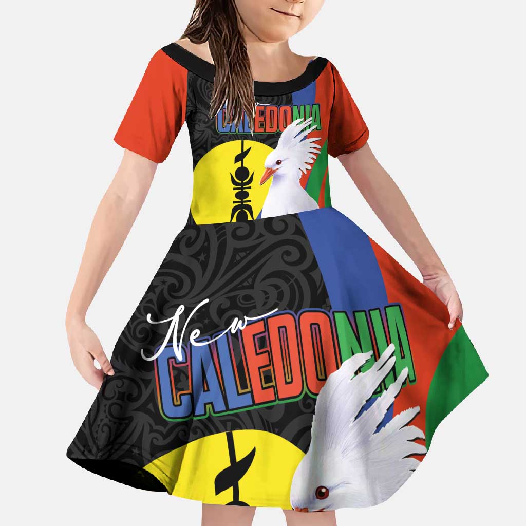 New Caledonia Family Matching Off Shoulder Maxi Dress and Hawaiian Shirt Kagu Bird and The Seal with Melanesian Culture LT03 Daughter's Dress Black - Polynesian Pride