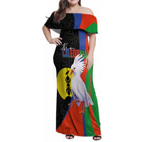 New Caledonia Family Matching Off Shoulder Maxi Dress and Hawaiian Shirt Kagu Bird and The Seal with Melanesian Culture LT03 Mom's Dress Black - Polynesian Pride